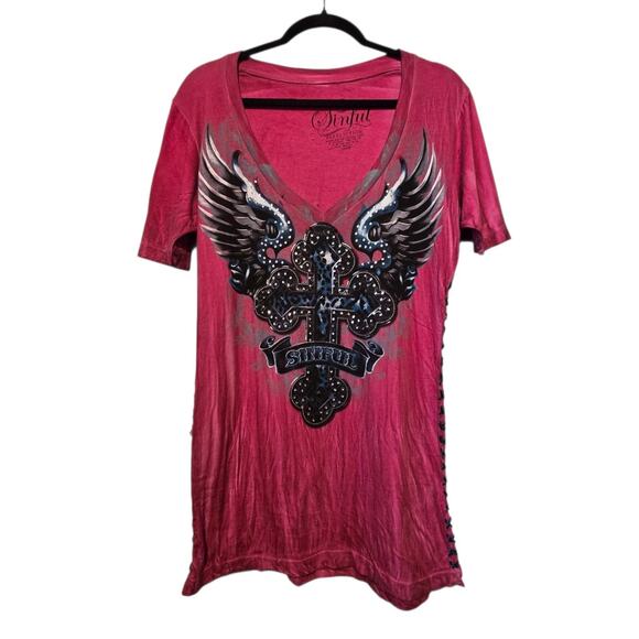 Sinful By Affliction Tops - Vtg 90s Y2K Affliction Bling Wings Laceup T-Shirt Women LG Red Grunge Goth Biker